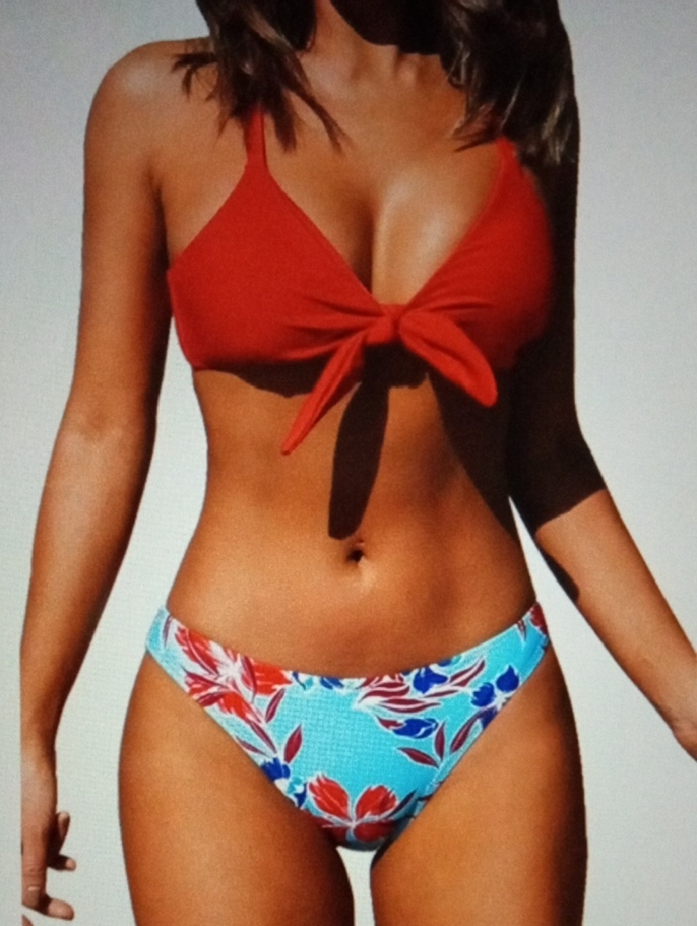 Cupshe Red Bikini Top with Turquoise Floral Bottom. Size Large